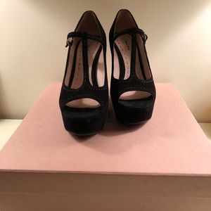 Miu Miu Black Suede Mary Jane Peep-Toe Wedges